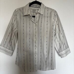 Chico’s Sz 0 White & Blue Print No-Iron 3/4 Sleeve Casual Chic Button Front